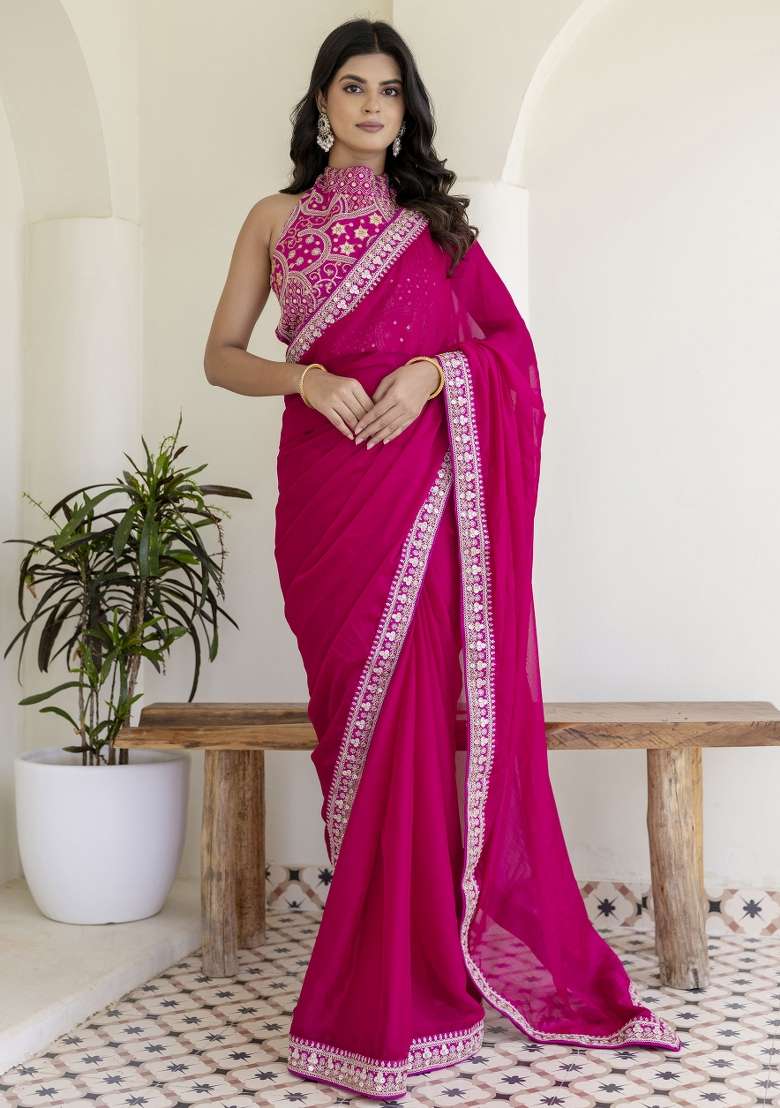 Pink Embroidered Blended Saree Set for Diwali and Festive Wear - Indya