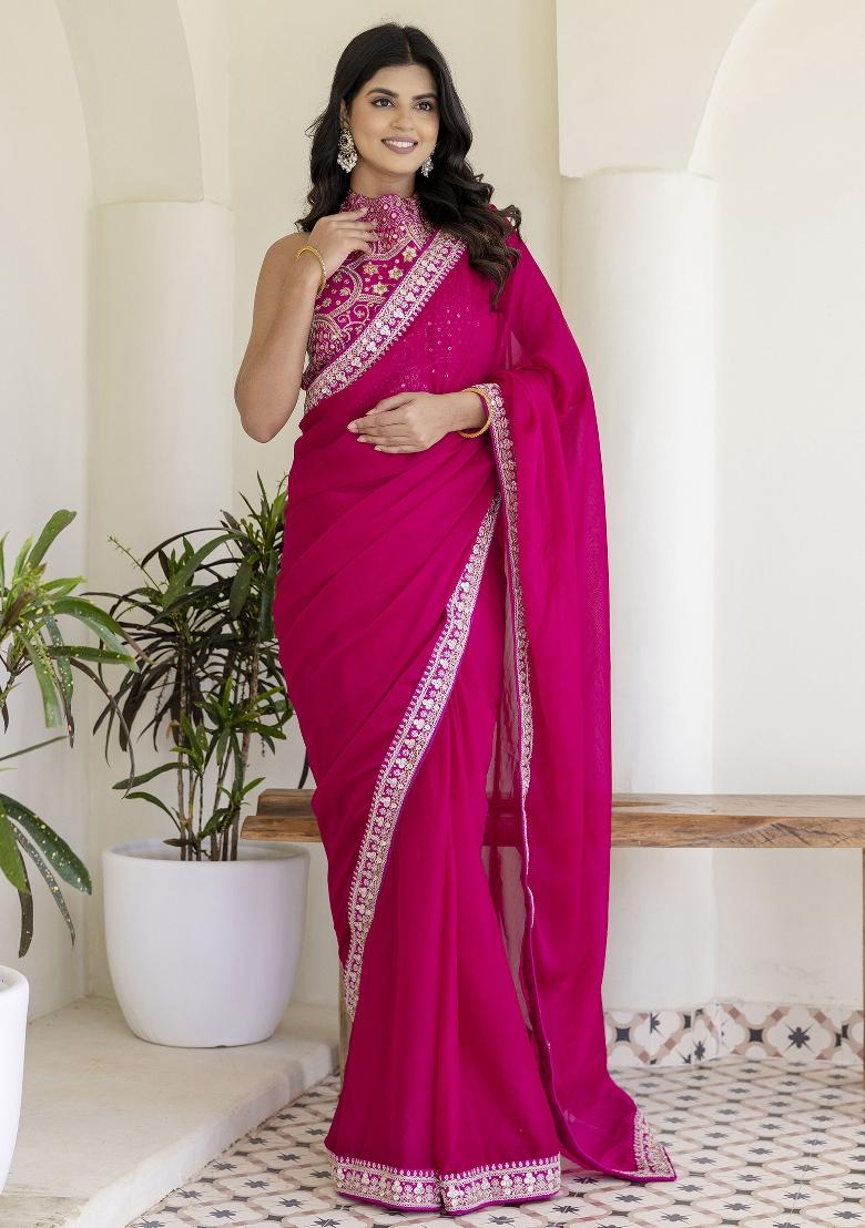 Pink Embroidered Blended Saree Set - Indya