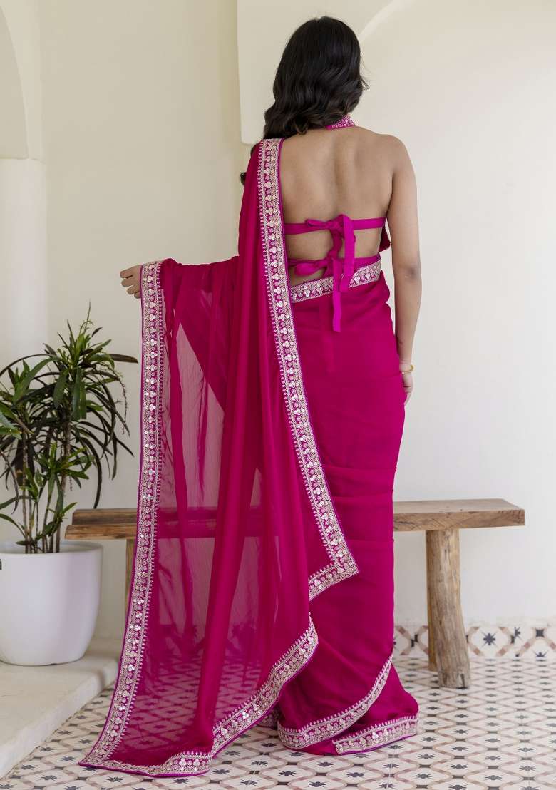 Pink Embroidered Blended Saree Set for Diwali and Festive Wear - Indya