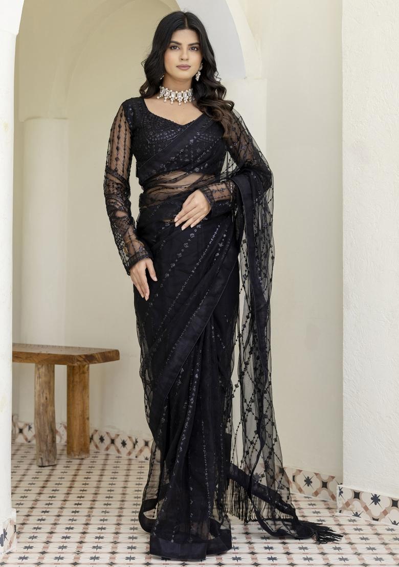 Black Embroidered Blended Saree Set - Indya