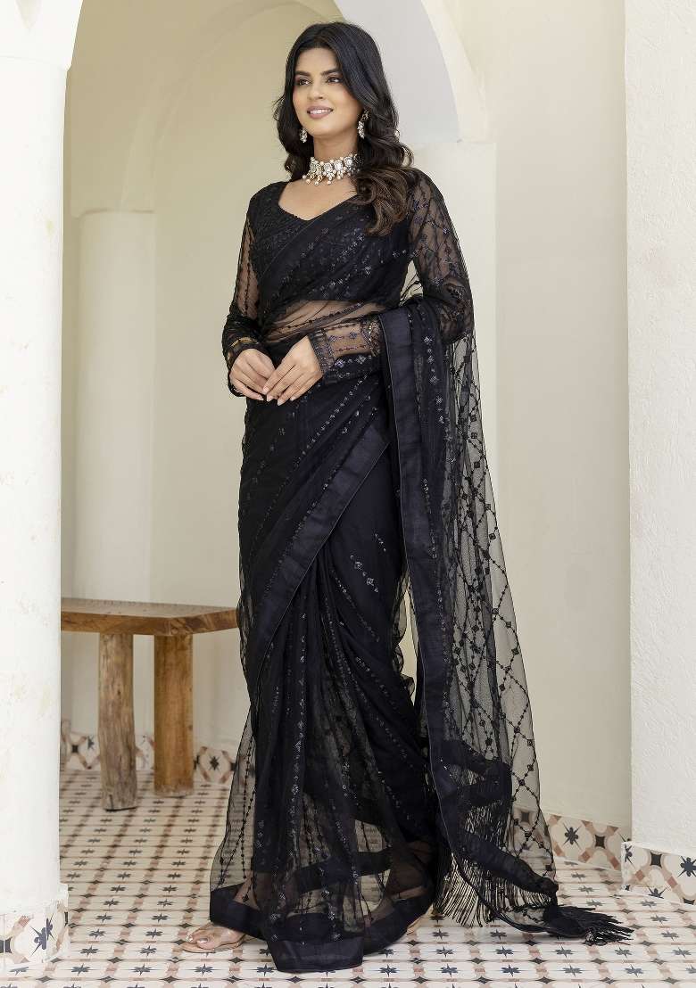 Black Blended Saree Set with Embroidered for Diwali | Wedding & Festive Wear - Indya