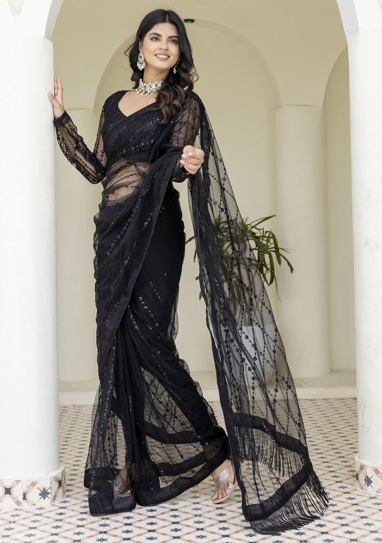 Black Embroidered Blended Saree Set - Indya