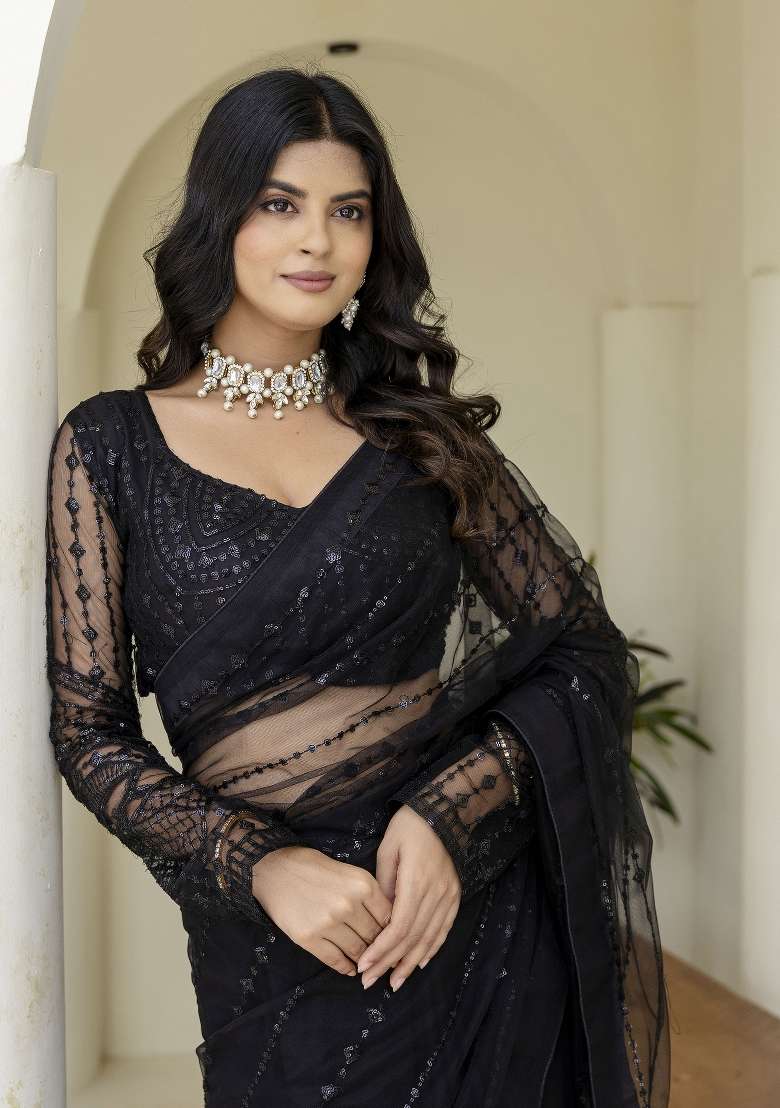 Black Blended Saree Set with Embroidered for Diwali | Wedding & Festive Wear - Indya