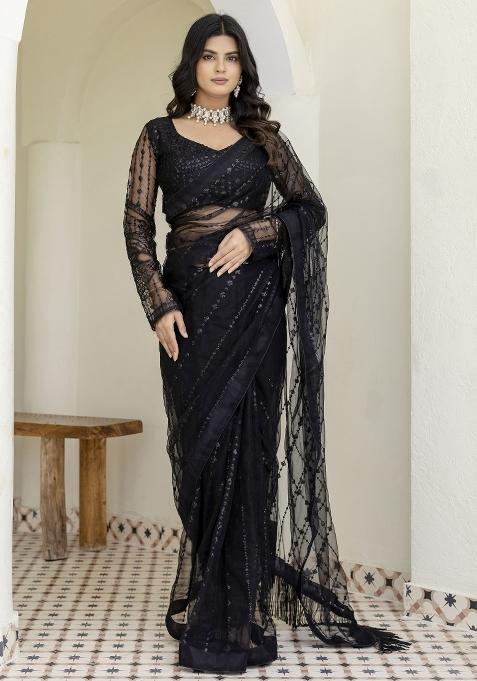 Black Embroidered Blended Saree Set