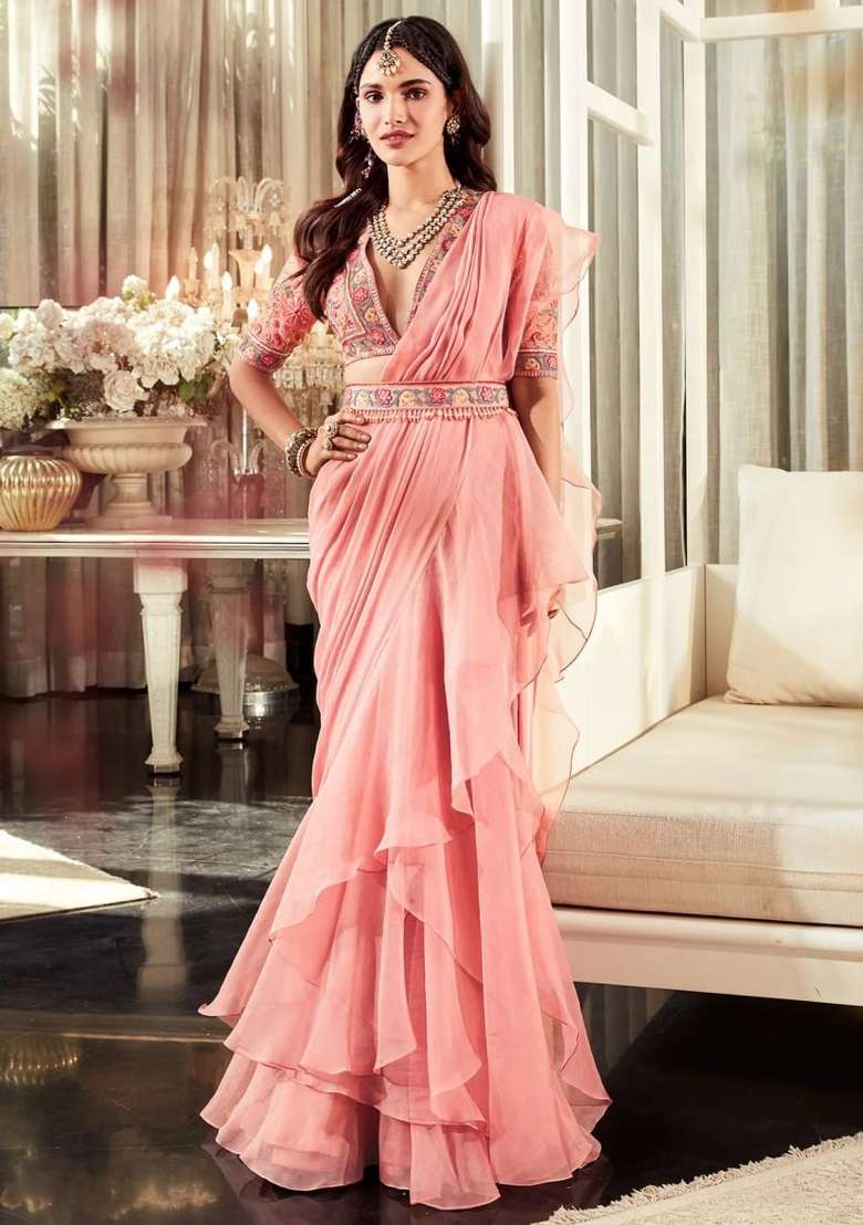 Peach Pink Blended Saree Set with Embroidered for Diwali | Wedding & Festive Wear - Indya