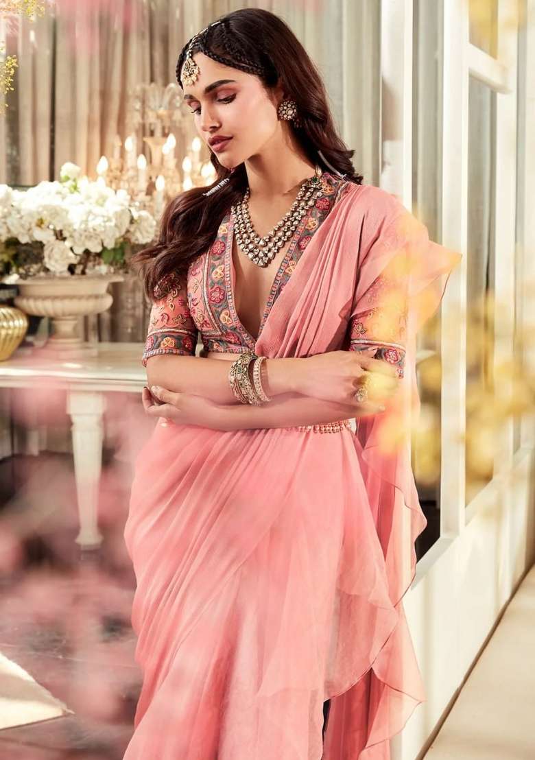 Peach Pink Blended Saree Set with Embroidered for Diwali | Wedding & Festive Wear - Indya