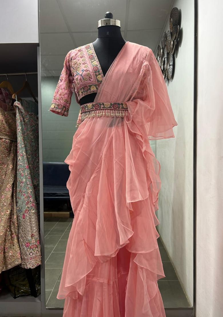 Peach Pink Embroidered Blended Saree Set - Indya