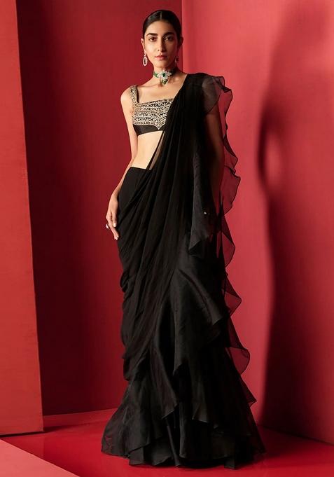 Black Embroidered Blended Saree Set