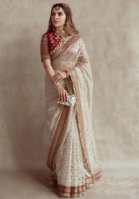 Grey Embroidered Blended Saree Set