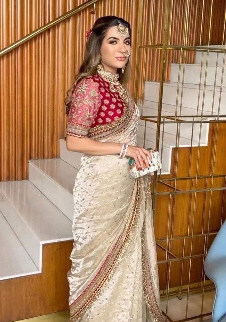 Grey Embroidered Blended Saree Set - Indya