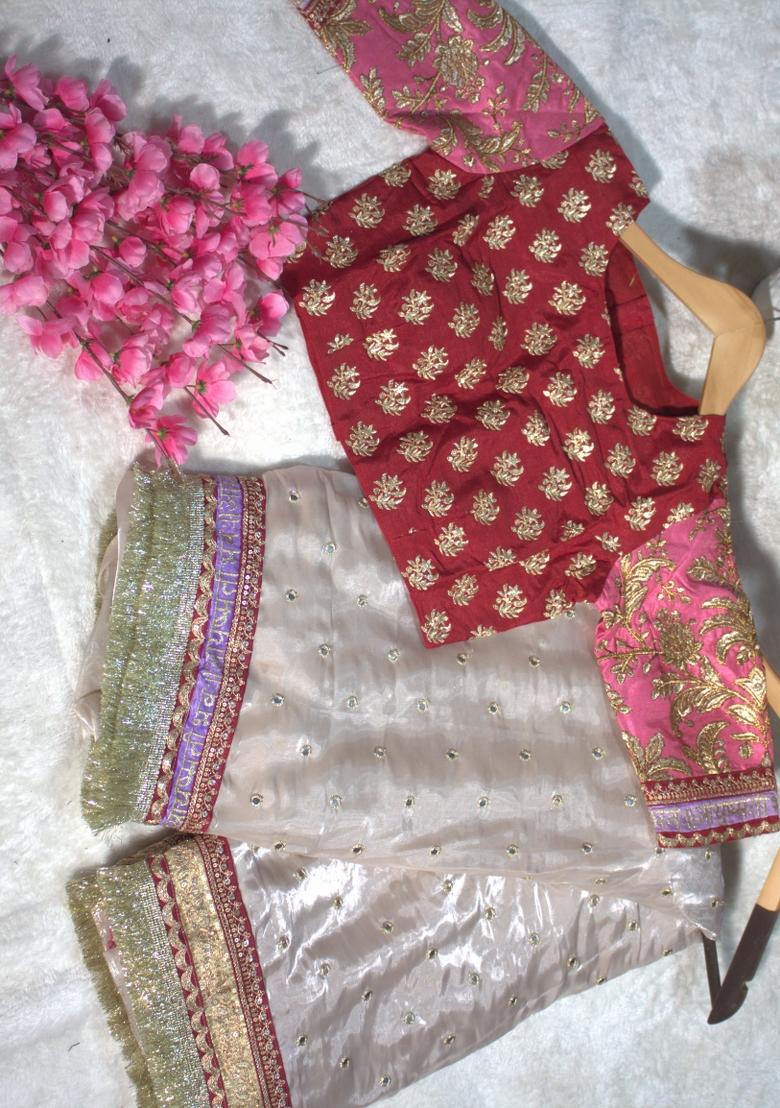 Grey Embroidered Blended Saree Set - Indya