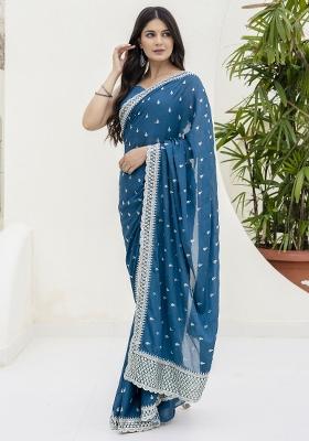 Teal Embroidered Blended Saree Set