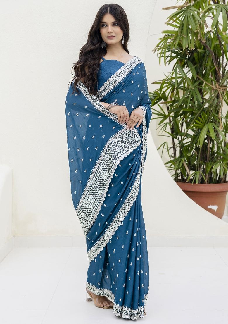 Teal Embroidered Blended Saree Set - Indya