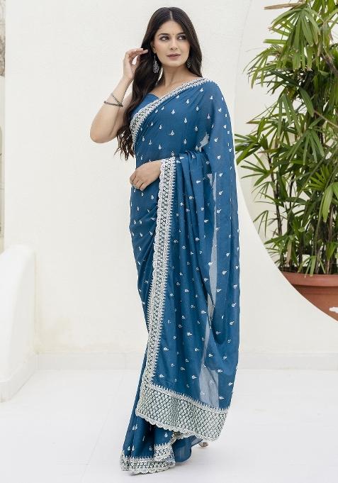 Teal Embroidered Blended Saree Set