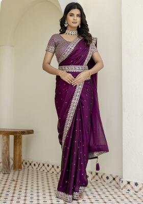 Wine Embroidered Blended Saree Set