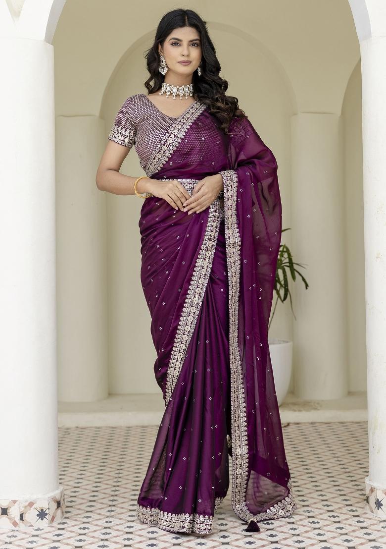 Wine Embroidered Blended Saree Set - Indya