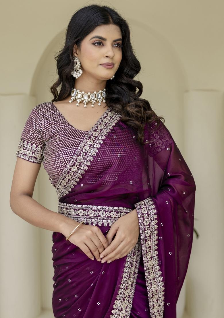Wine Embroidered Blended Saree Set - Indya