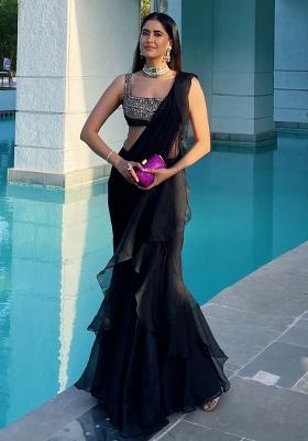 Black Embroidered Blended Saree Set