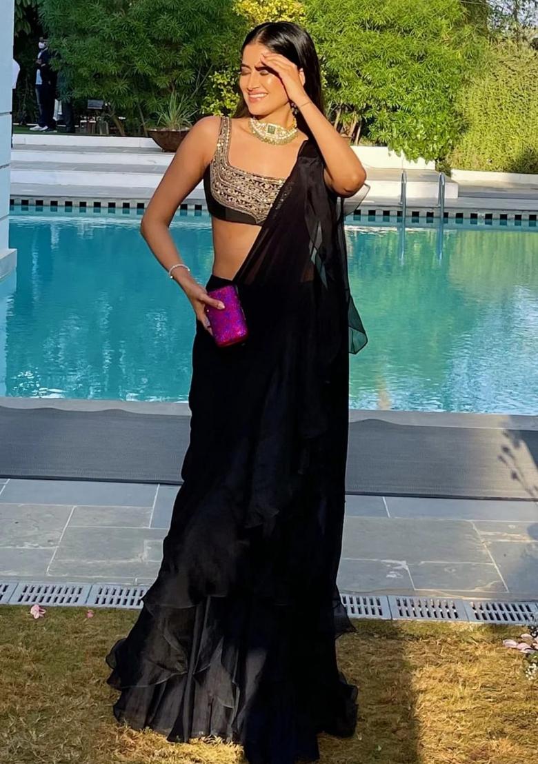 Black Embroidered Blended Saree Set - Indya