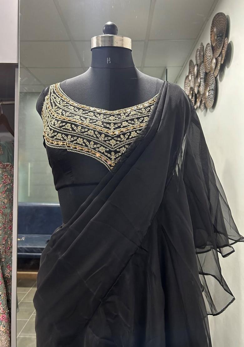 Black Embroidered Blended Saree Set - Indya