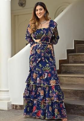 Navy Blue Embroidered Blended Saree Set