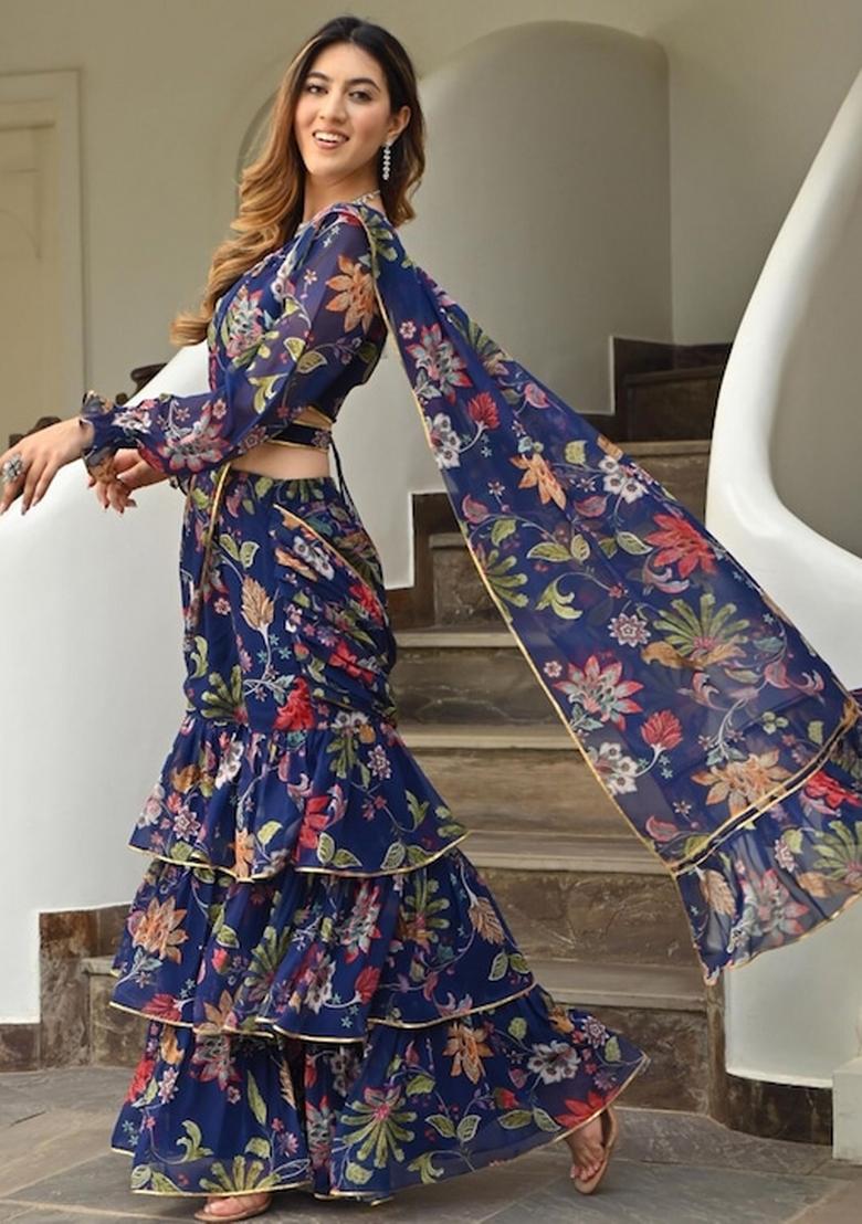 Navy Blue Embroidered Blended Saree Set - Indya