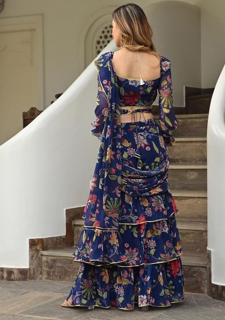 Navy Blue Embroidered Blended Saree Set - Indya