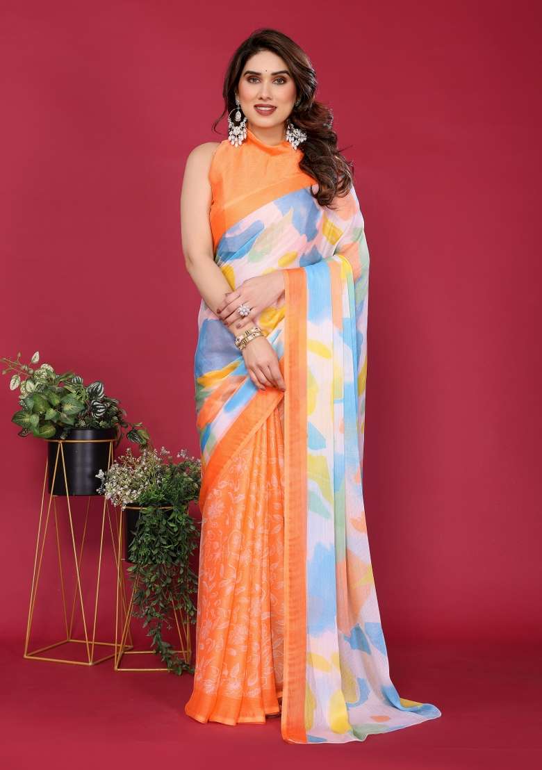 Orange Printed Blended Saree Collection for Diwali and Festive Wear - Indya