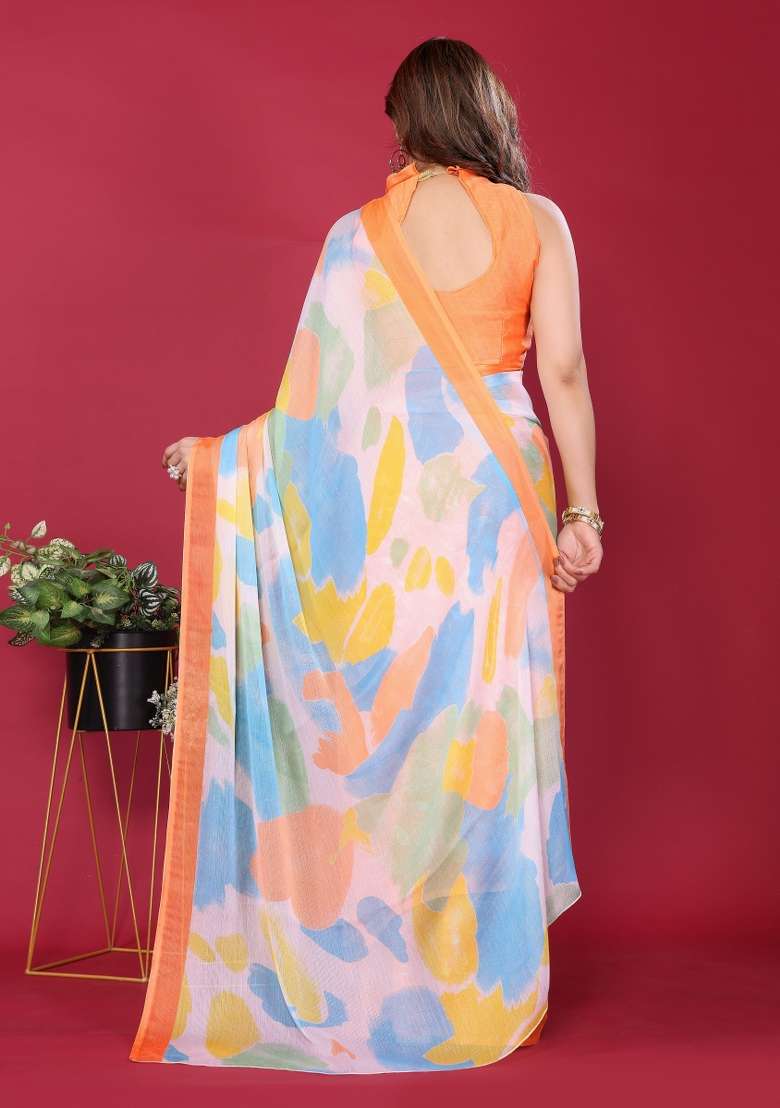 Orange Printed Blended Saree Collection for Diwali and Festive Wear - Indya
