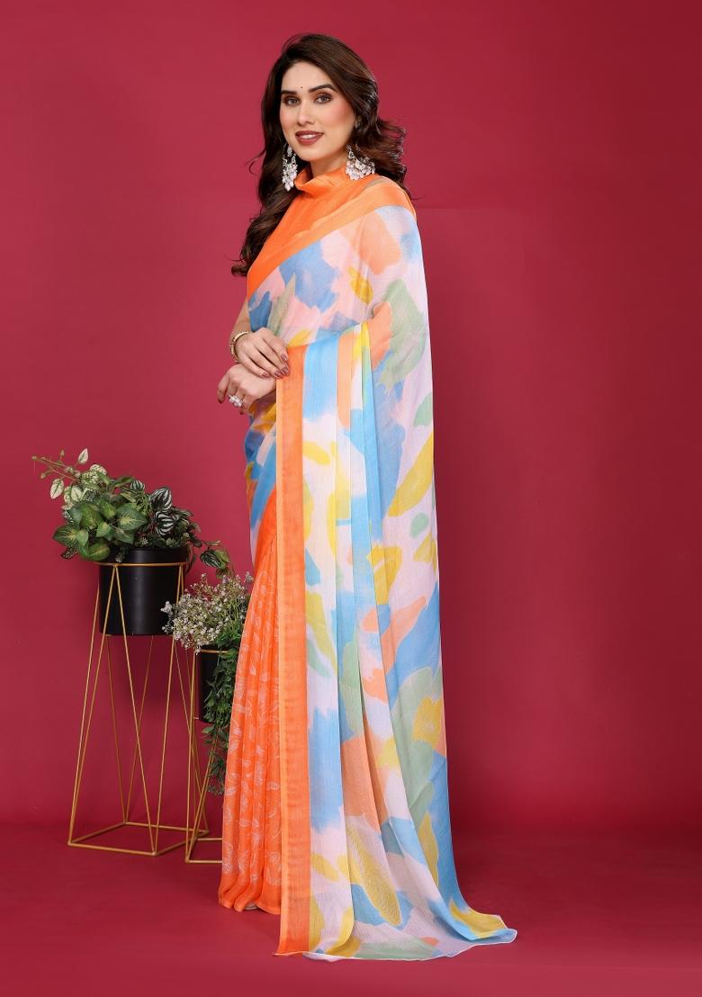 Orange Printed Blended Saree Collection - Indya