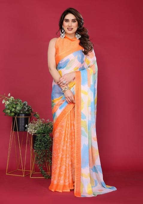 Orange Printed Blended Saree Collection