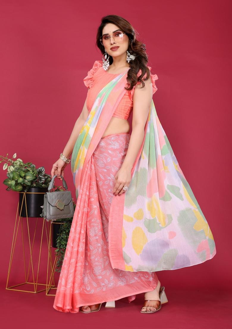 Peach Printed Blended Saree Collection