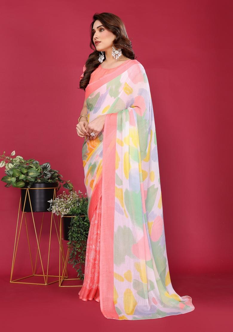 Peach Printed Blended Saree Collection - Indya