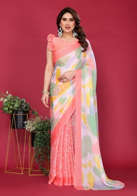 Peach Printed Blended Saree Collection