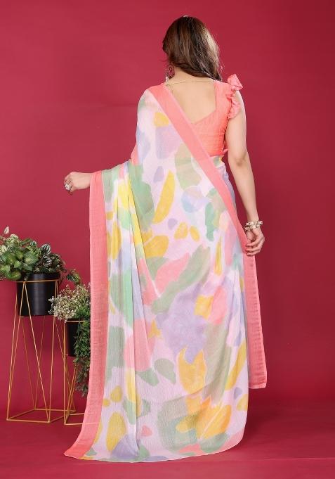 Peach Printed Blended Saree Collection