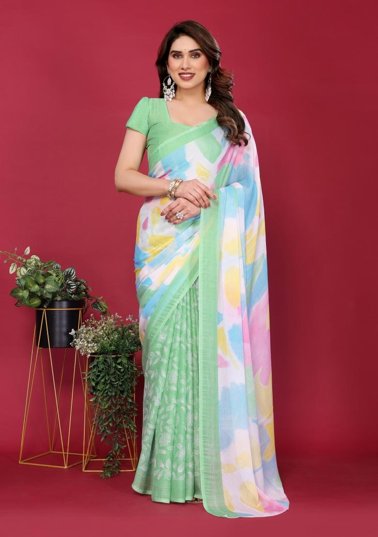 Pista Printed Blended Saree Collection - Indya