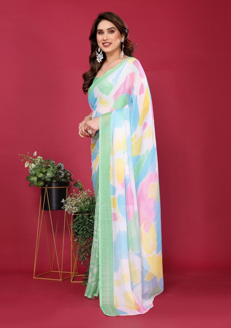 Pista Printed Blended Saree Collection - Indya