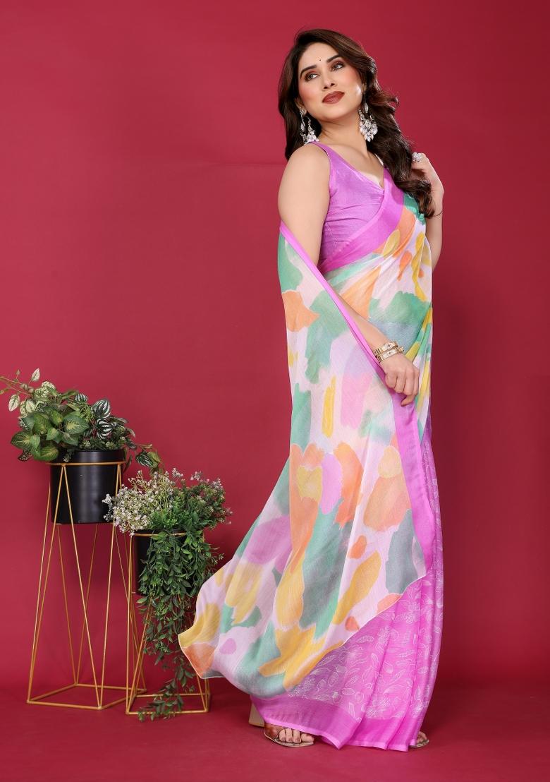 Purple Printed Blended Saree Collection - Indya