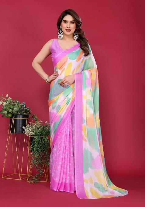 Purple Printed Blended Saree Collection