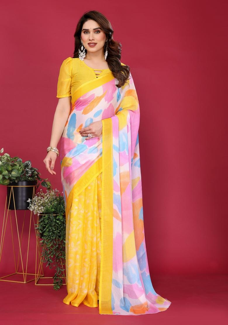 Yellow Printed Blended Saree Collection