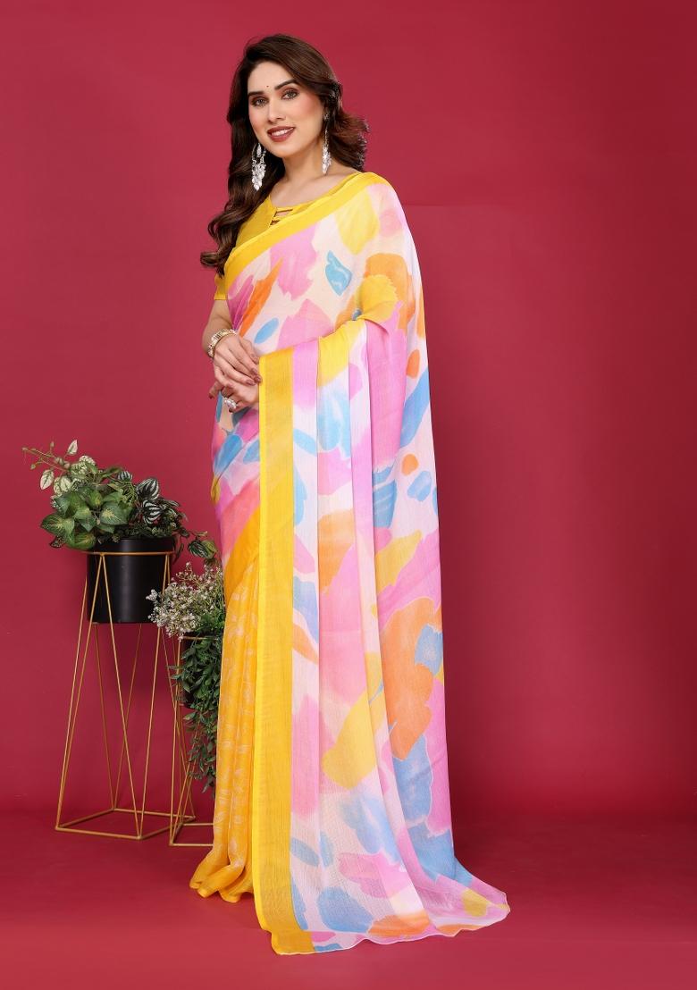 Yellow Printed Blended Saree Collection - Indya