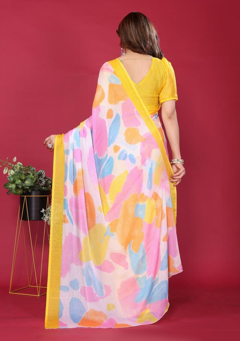 Yellow Printed Blended Saree Collection
