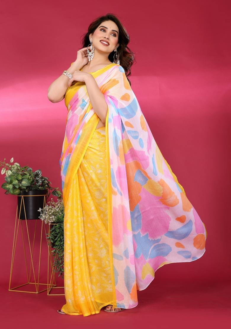 Yellow Printed Blended Saree Collection - Indya