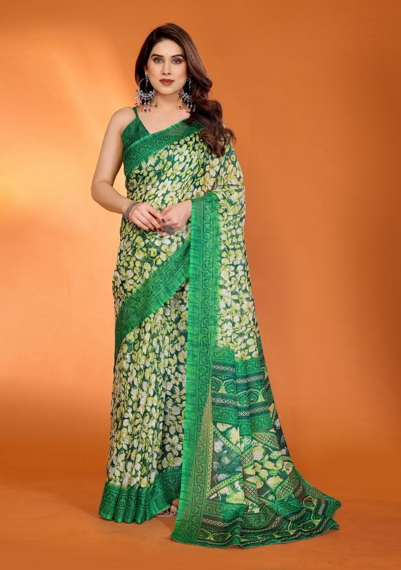 Green Printed Blended Saree Collection