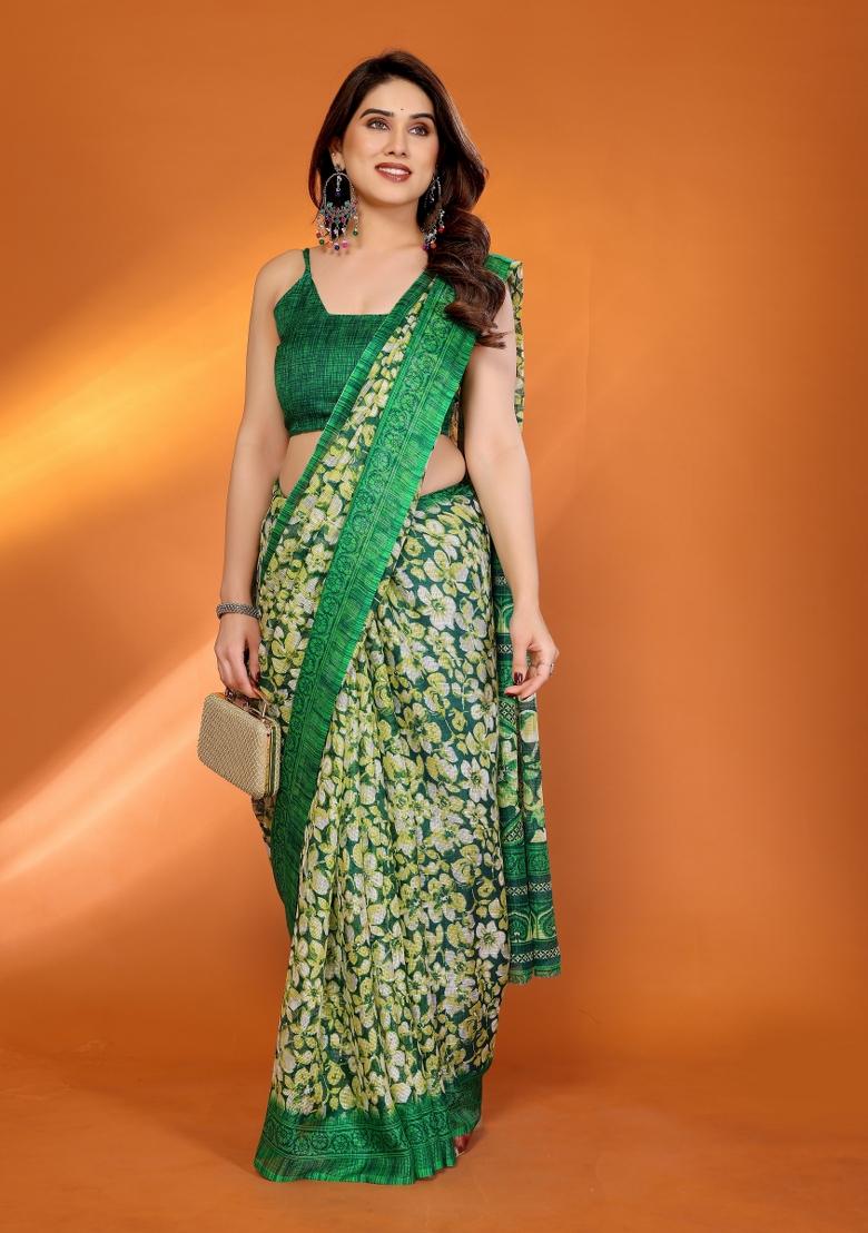 Green Printed Blended Saree Collection - Indya