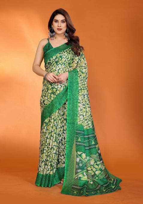 Green Printed Blended Saree Collection