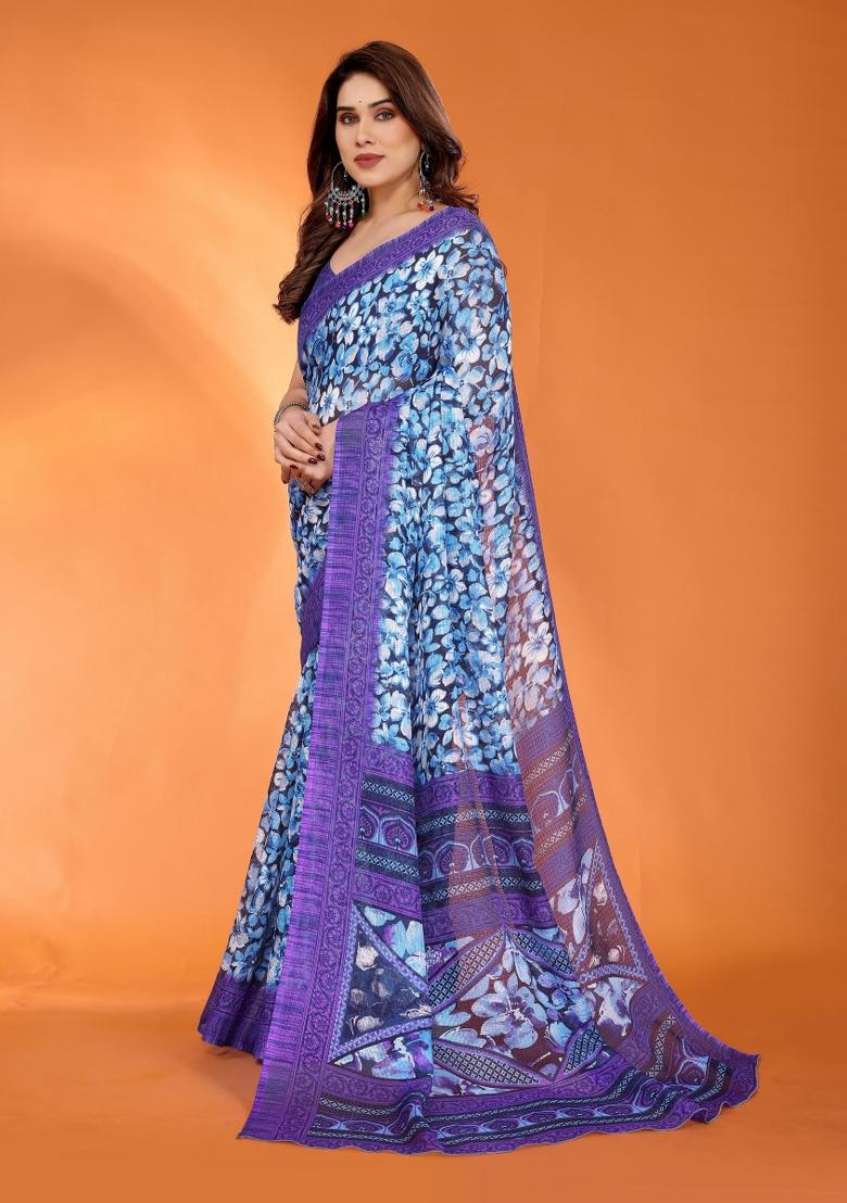 Purple Printed Blended Saree Collection - Indya