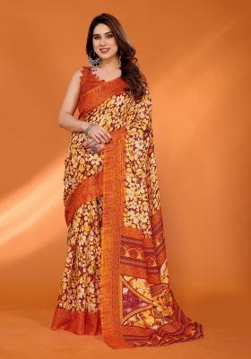 Orange Printed Blended Saree Collection