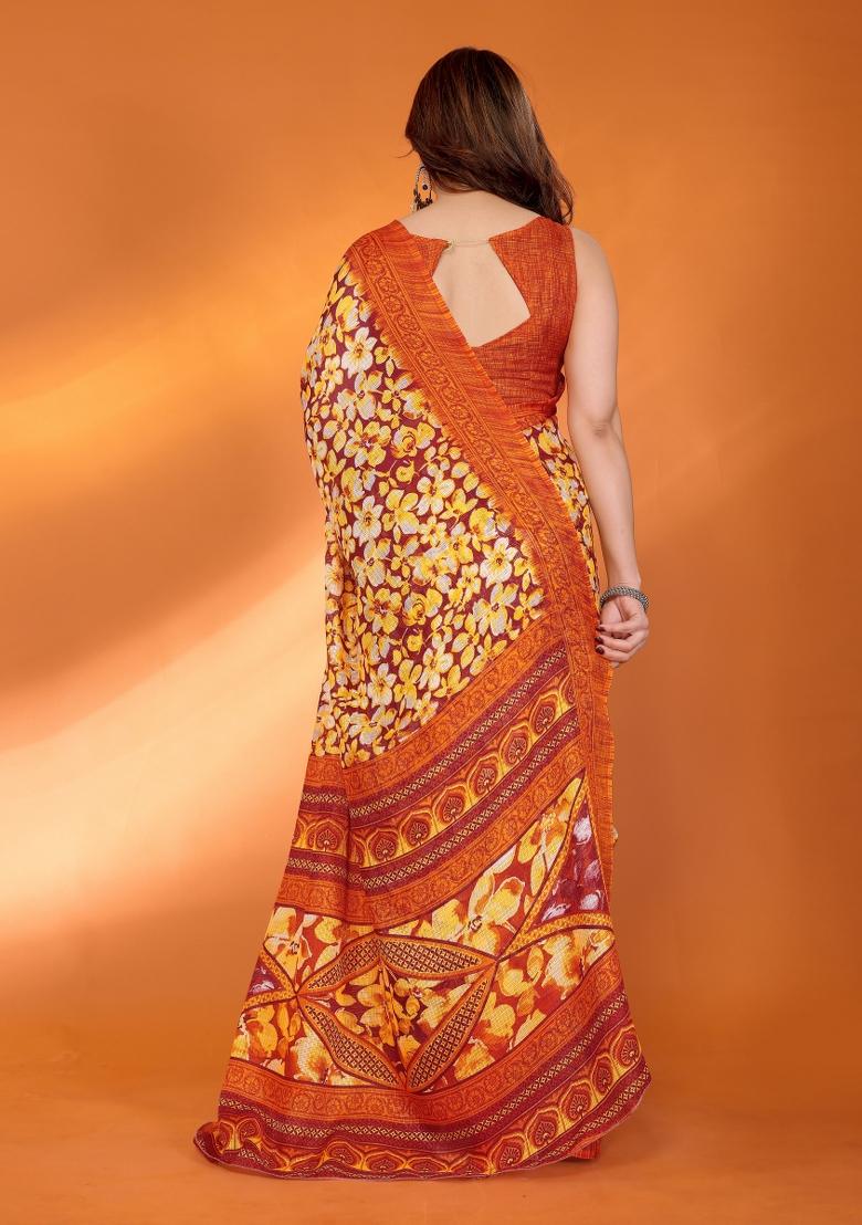 Orange Printed Blended Saree Collection