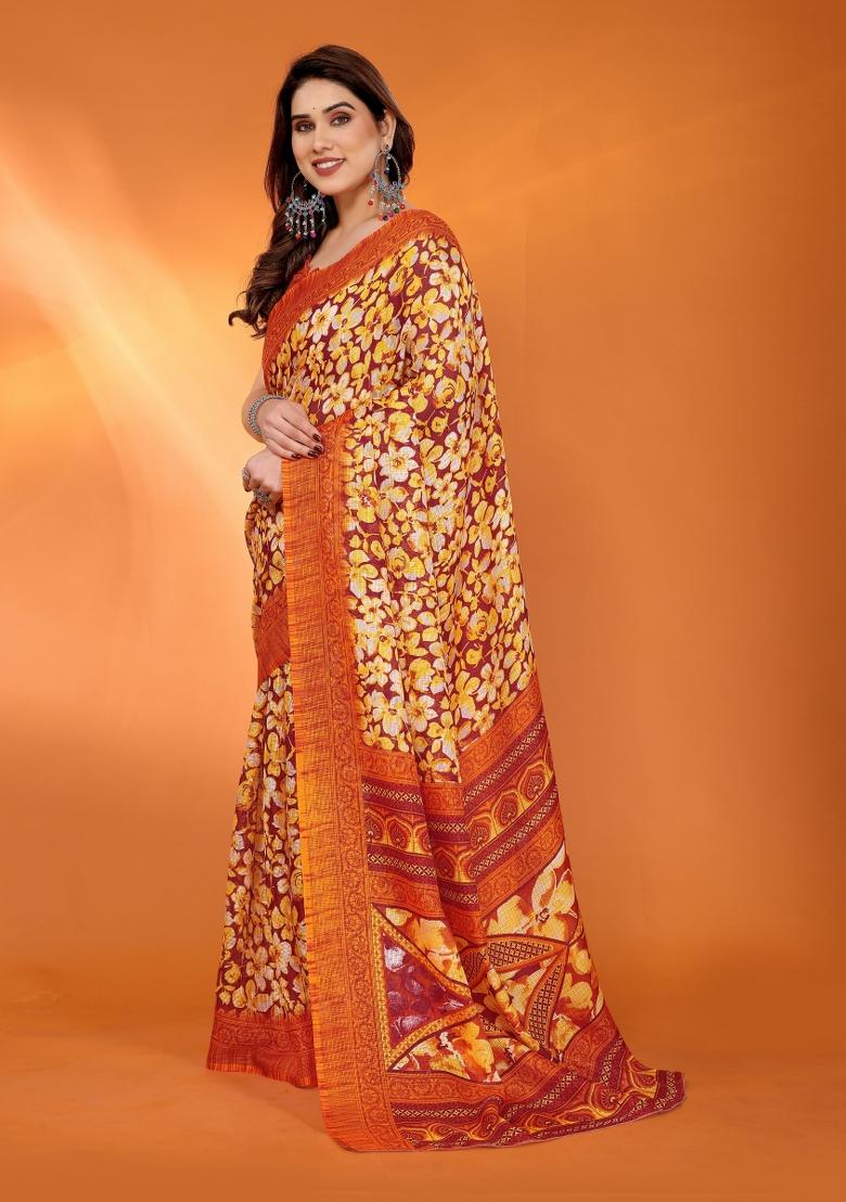 Orange Printed Blended Saree Collection - Indya
